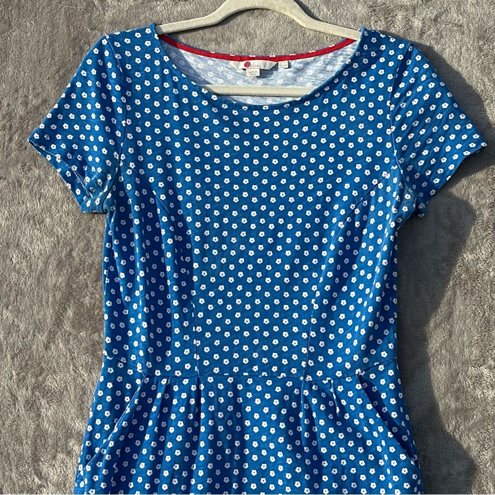 Boden Daisy Print Phoebe Cotton Sheath Dress US 6 Blue Pockets Knee Length Polka - Picture 3 of 15
